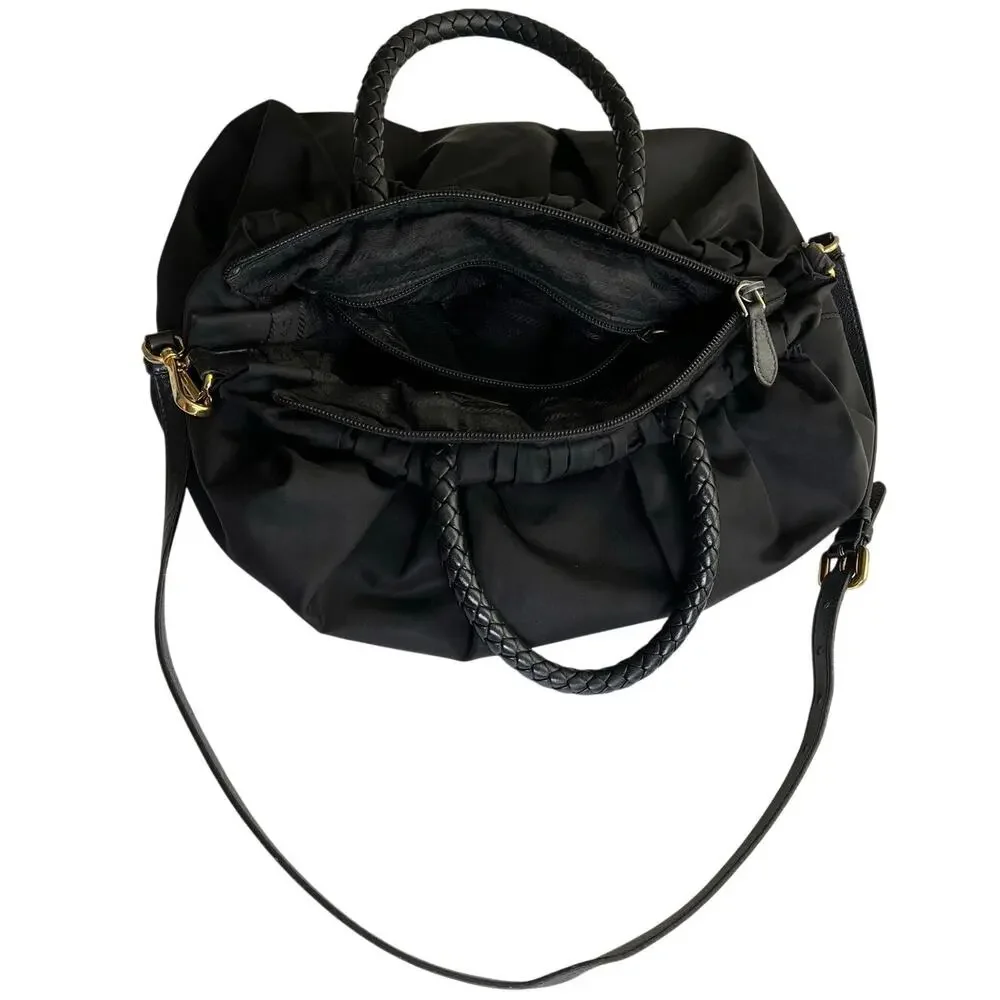 PRADA Authentic Tessuto Gaufre Ruched Nylon Satchel Handbag Black Gold Crossbody